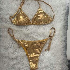 Fashion Nova New Shiny Gold Bikini Set medium